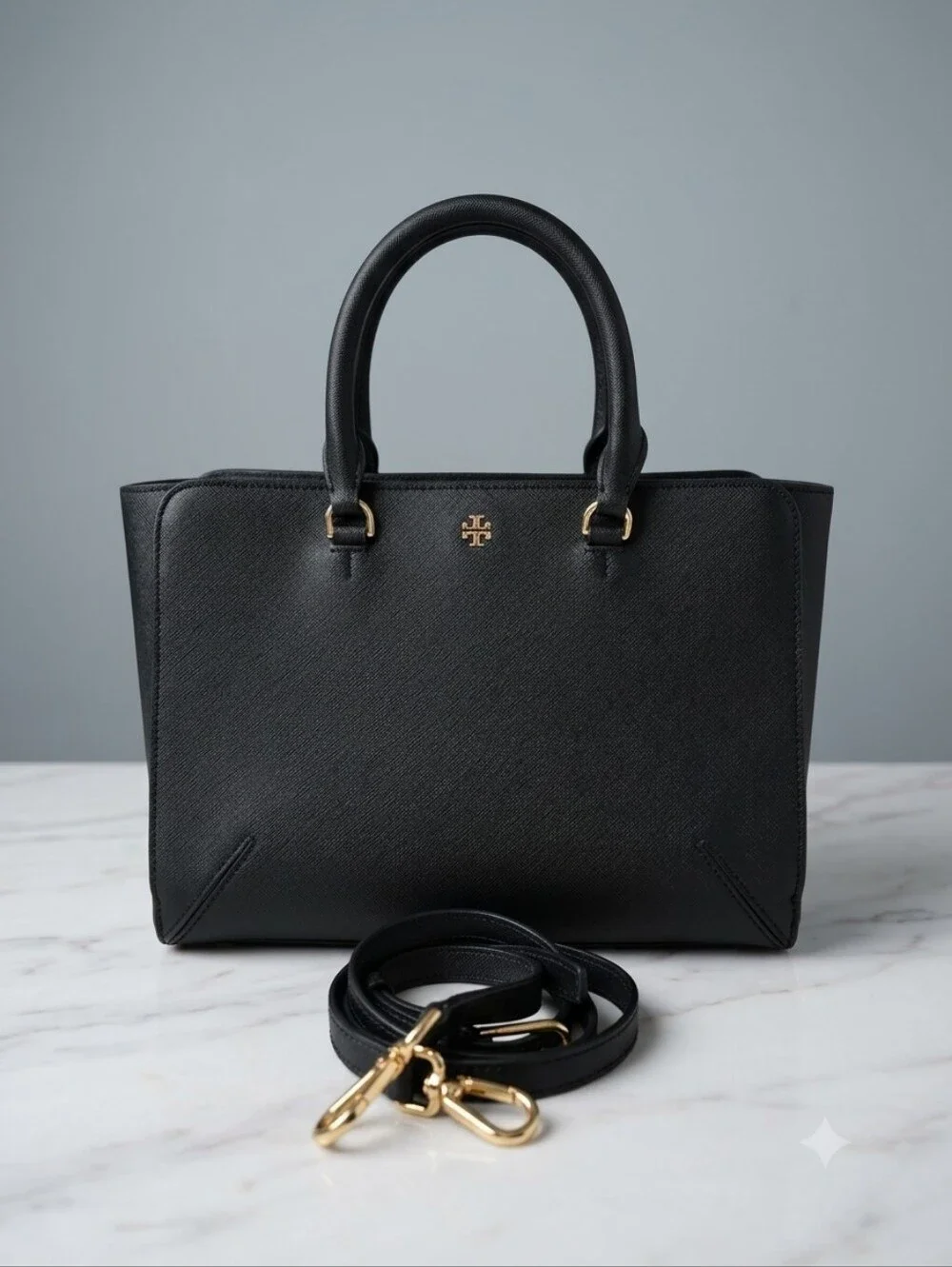 Tory Burch Black Saffiano Satchel with Gold Hardware SEE LAST 2 PICS FOR FLAWS